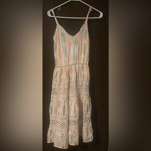 Tiered Crochet Maxi Dress in White with Peach & Sage Accents